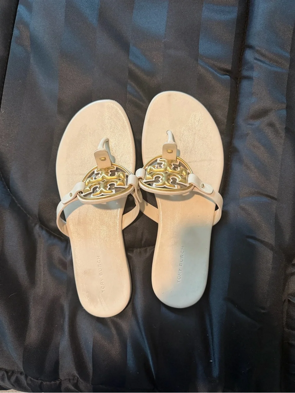 Tory Burch Cream Leather Miller Sandals with Gold Logo